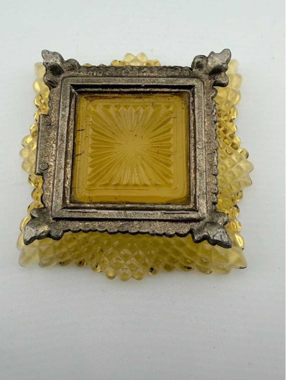 Vintage Indiana Glass Amber Diamond Point Ashtray with Ornate Metal Stand